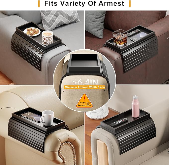 Sofa Arm Rest Tray Table for Couch - 2-in-1 Couch Arm Table with Be Slide Detachable Tray - Anti-Slip Foldable Sofa Armchair Caddy for Drinks Cup Cellphone TV Remote Snacks (Black)