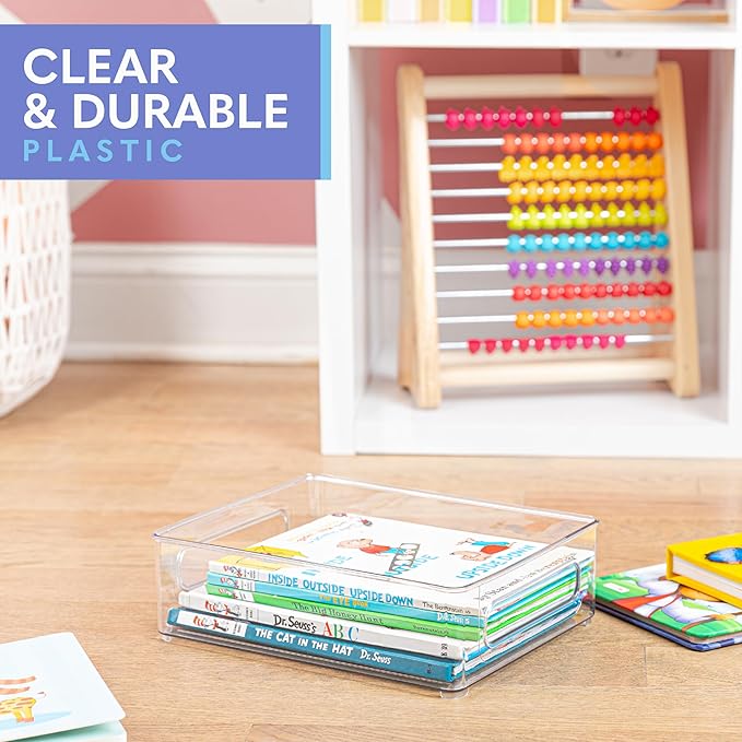 primebox Plastic Food Storage 4 Pack Clear Container Bin with Handles for Organizing Kitchen, Pantry, Refrigerator, Freezer, Pantry, Cabinet, Closet, Bathroom. Stackable 10”x8”x3”