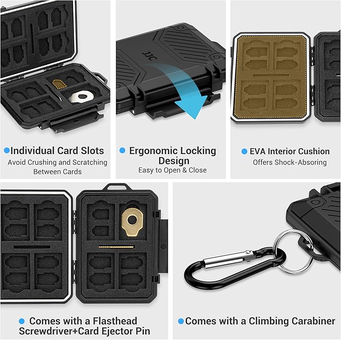 JJC Slim Memory Card Case for 8 SD 12 TF and 2 Nano SIM Cards, IP67 Waterproof Anti-Shock Anti-Dust, Compact Size & Portable SD SDHC SDXC TF Micro SD Card Holder Organizer Storage Box with Carabiner