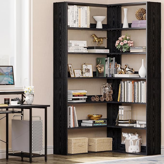 IRONCK Bookshelves 6 Tiers with Baffles Industrial Large Corner Etagere Bookcase Storage Display Rack for Living Room Home Office