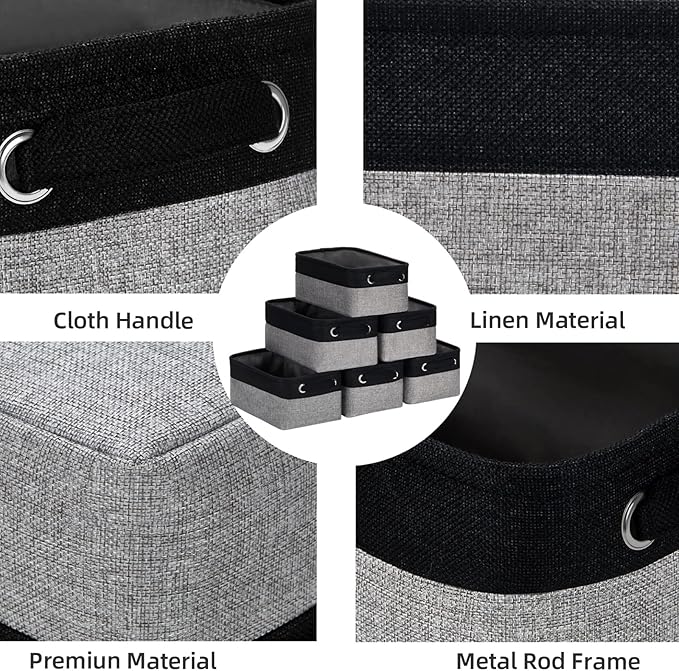 HNZIGE Storage Baskets for Storage Fabric Small Organizer Bins for Shelves,Collapsible Linen Baskets with Cloth Handles for Organizing Closet Nursery Home Shelves,Toy(Black&Gray,11.8" x 7.8" x 5.1")