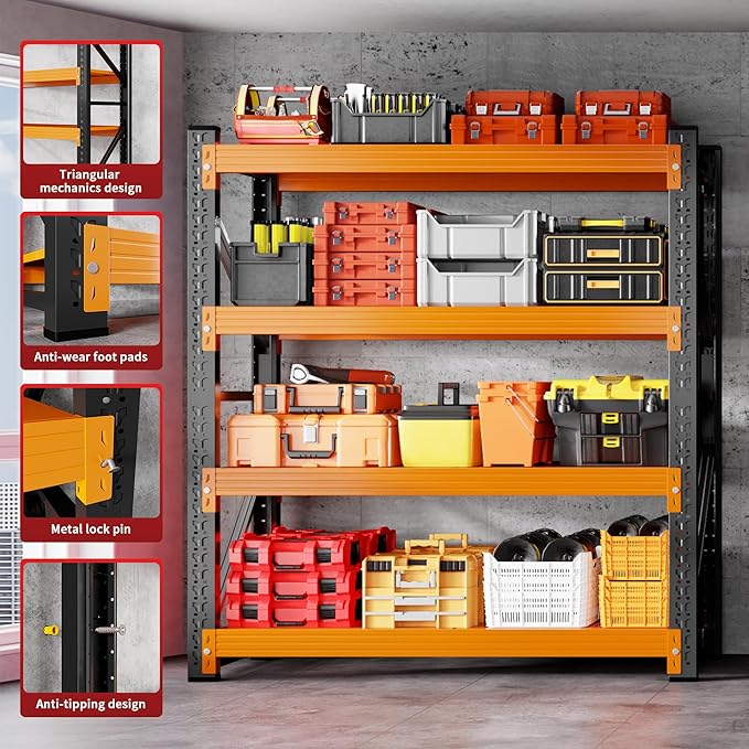 5000LBS Garage Shelving 59" W Garage Shelving Heavy Duty 4-Tier Metal Storage Shelves Adjustable Shelf Unit Storage Rack for Basement Supermarket Warehouse 59" W x 20" D x 78" H Black-Orange