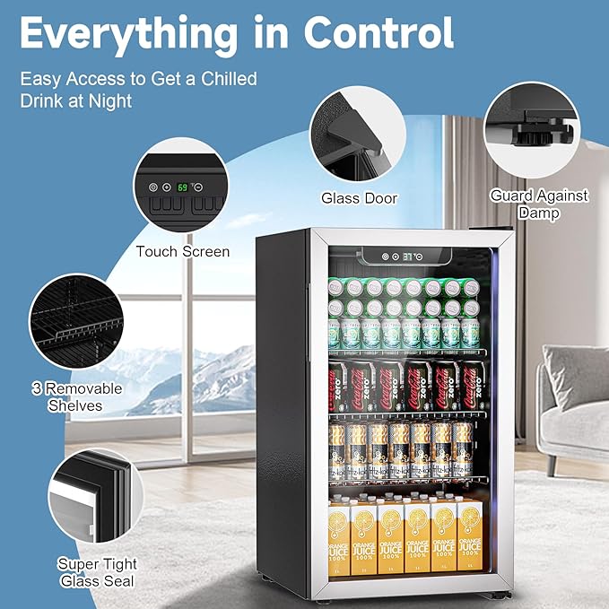 3.1 Cu.ft Beverage Refrigerator Cooler, 110 Can Mini Fridge with Glass Door, Digital Temperature Display for Soda, Beer or Wine For Office Bar with Adjustable Removable Shelves
