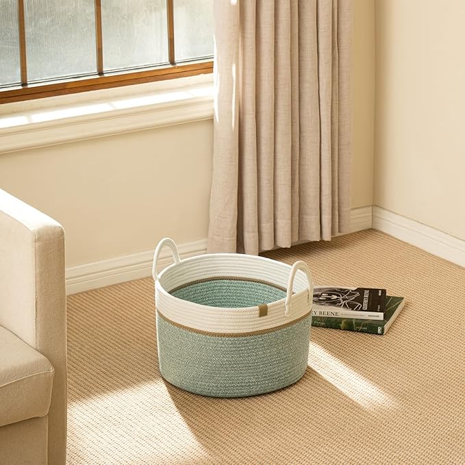 LA JOLIE MUSE Braided Basket, Cotton Rope Storage Baskets, Large Cotton Basket, Laundry Basket for Blanket, Children's Toys, Basket S Laundry Basket for Children's Room, Ivy Green, 32 Liter