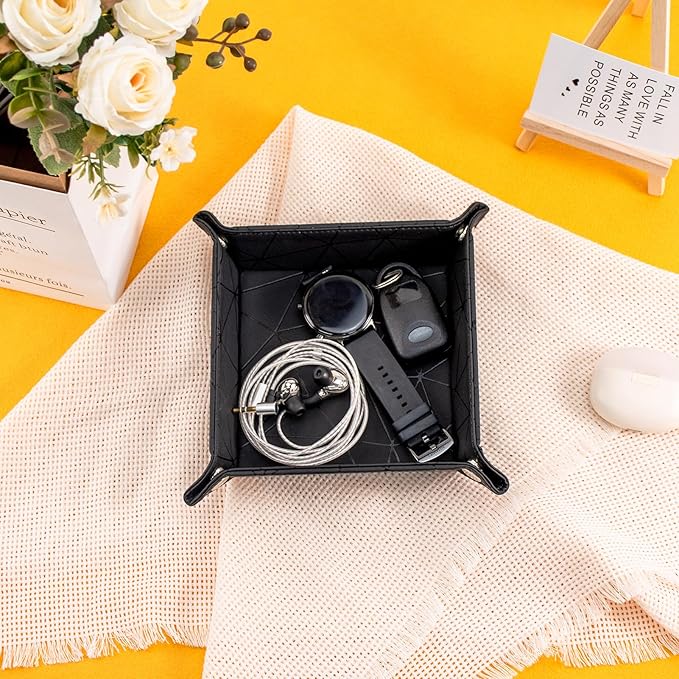 PU Leather Valet Tray for Mens and Women Catchall Tray for Keys,Watch,Jewelry Small Nightstand Bedside and Entry Table Tray Gift for Dad Husband (BlackChequer)