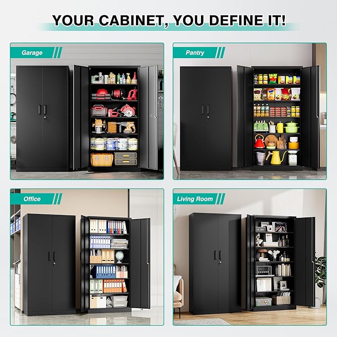 Metal Storage Cabinet with 2 Doors and 6 Shelves,Black Metal Cabinet with Lock,71" Lockable Garage Storage Cabinets,Locking File Cabinet,Steel Tool Cabinets for Home,Office,Garage,Shop,School