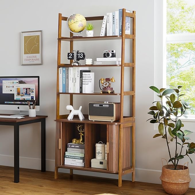 4-Tier Bookshelf, Tall Bookcase with Open Shelf and Sliding Door, 70” Freestanding Storage Organizer Display Cabinet for Living Room, Home Office (Walnut)