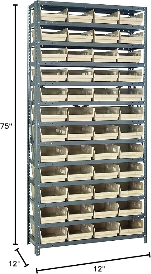 Quantum Storage Systems 1275-107IV Steel Shelving Unit with 4" Shelf Bins, 12" D x 36" W x 75" H, Ivory