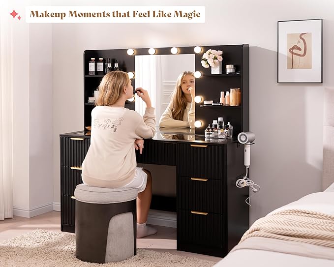 AMERLIFE 47.2" Fluted Vanity Desk with Mirror and Adjustable LED Lights, Large 7 Drawers Makeup Table with Glass Top and Charging Station for Women and Girls, Bedroom or Dorm, Black