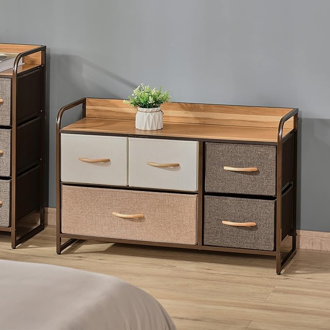 HOMCOM 5-Drawer Dresser, Fabric Chest of Drawers, 2-Tier Storage Organizer for Bedroom Entryway, Tower Unit with Steel Frame Wooden Top, Maple Wood