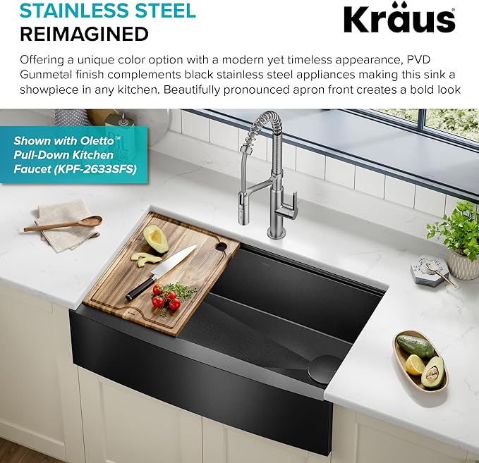 KRAUS Kore Workstation 33-inch Farmhouse Modern Flat Apron Front 16 Gauge Black Stainless Steel Single Bowl Kitchen Sink in PVD Gunmetal Finish with Accessories, KWF410-33/PGM