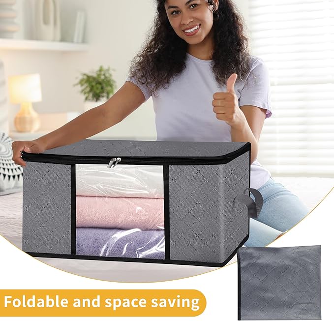 3 Pack Clothes Storage Bags with Zipper, 45L Foldable Blanket Storage Box with Clear Window Sturdy Handles for Closet, Dorm, Pillows, Bedding, Sheet, Comforter, Gray