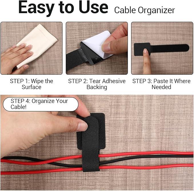 80 Pack Reusable Cable Ties - Self-Adhesive Hook & Loop Straps for Cord Management, Under Desk Wire Organizer, Data Cables, Headphone, Charger, Home Office Use