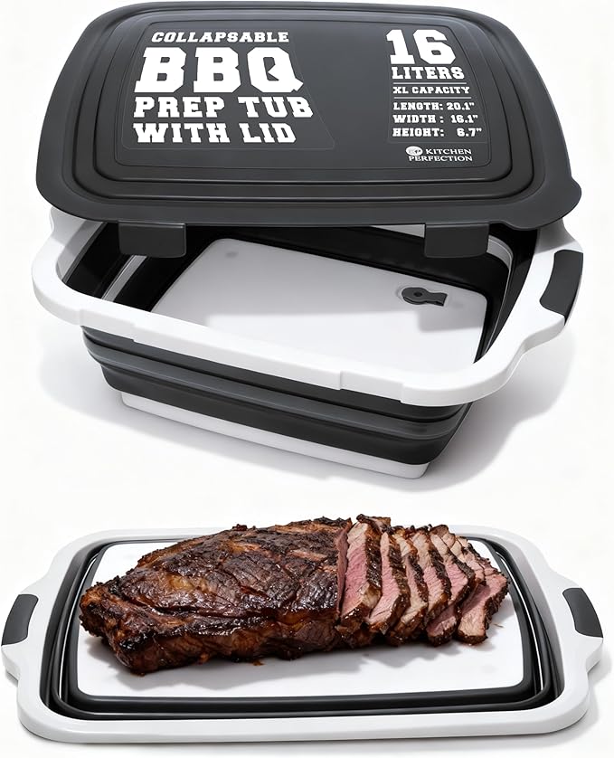 KITCHEN PERFECTION Collapsible XL Smoker & BBQ Prep Tub with Locking Lid & Cutting Board - Grill Caddy Container for Meat Marinating & Brine Perfect For Brisket, Turkey & Ribs - Best Gift For Men
