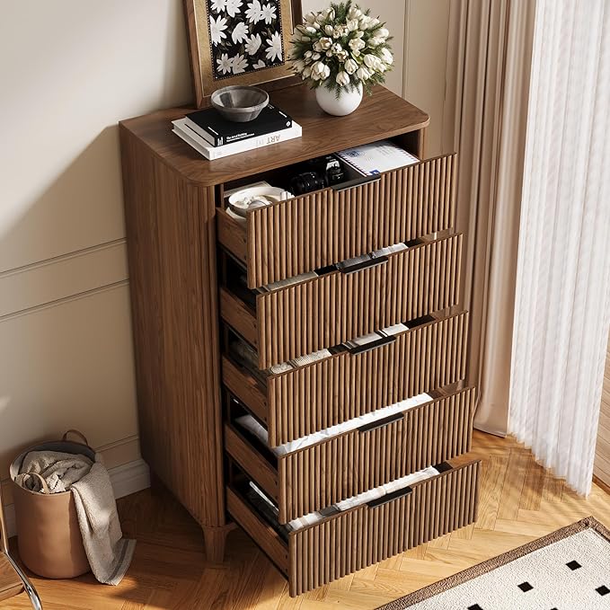Fluted Dresser for Bedroom with 5 Drawers Set of 2, 45" Large Closet Clothes Wood Tall Dresser Storage Organizer, Mid Century Modern Chest of Drawers with Deep Storage Walnut