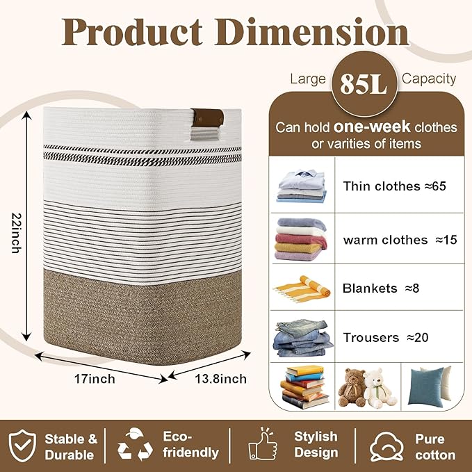 Laundry Hamper, 85L Tall Laundry Basket with Leather Handles, Rectangle Large Clothes Hamper for Organizing, Cotton Woven Laundry Baskets Storage Hampers for Bedroom, Nursery, Living Room