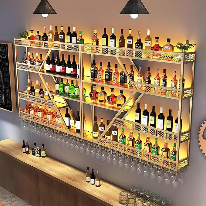 63in Metal Wine Rack Wall Mounted, Modern Wine Storage Rack Wall Mounted with Wine Glass Holder, Liquor Shelf, Bar Shelves for Liquor Bottles (4 Tiers Gold, 63 * 7.87 * 48.5INCH)