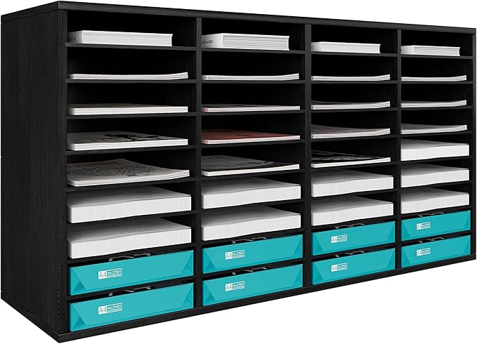 TQVAI Wood Literature Organizer, 36 Slots Classroom Mailbox with Adjustable Dividers, Mail Sorter Organizer Countertop Vertical Heavy Duty Office Mailbox Cubbies, Black