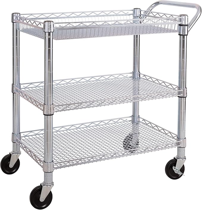 Seville Classics UltraDurable NSF Commercial Heavy Duty Metal Rolling Utility Cart, Handle Bar for Restaurant, Garage, Warehouse, Kitchen, Office, Deep Top Basket (34.8"W x 18.25"D)