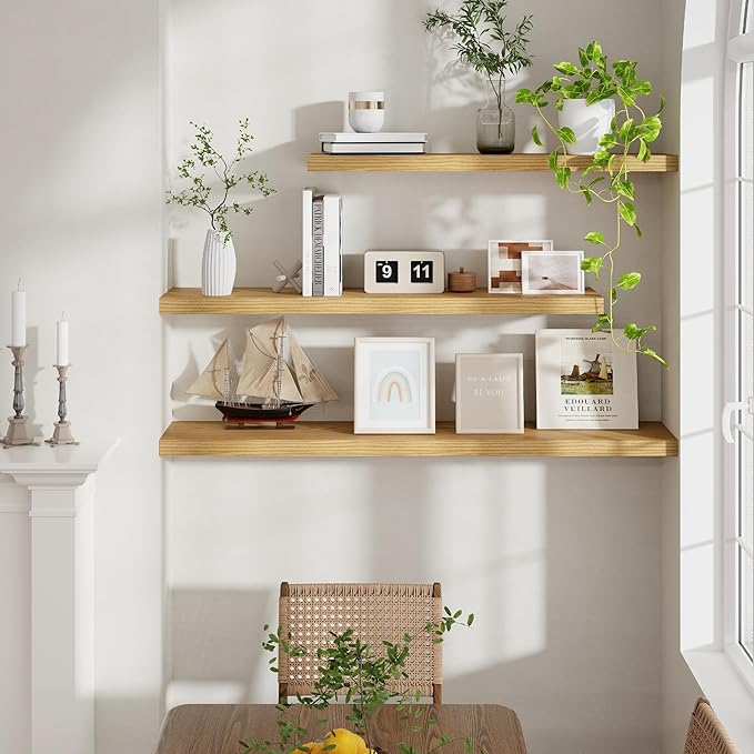 Fun Memories 40 Inch Floating Shelvese, 40" W x 9.3" D Floating Shelf Set of 2, Farmhouse Wood Wall Shelves for Bedroom, Kitchen, Wall Mounted Deep Shelving for Home Decor, Oak Color