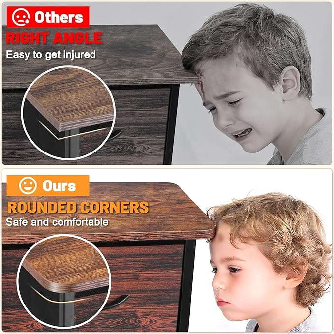 Curved Profile Dresser for Bedroom, Chest of Drawers, 5 Storage Drawers Organizer Unit, Brown Dresser with Fabric Bins for Closet, Living Room, Kid Room (Rustic Brown)