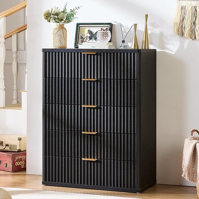 LEYAOYAO Fluted 5 Drawers Dresser for Bedroom Set of 2, 41" Tall Modern Chest of Drawers with Metal Handle, Curved Profile Design,Black Wood Drawer Organizer for Bedroom, Living Room, Hallway