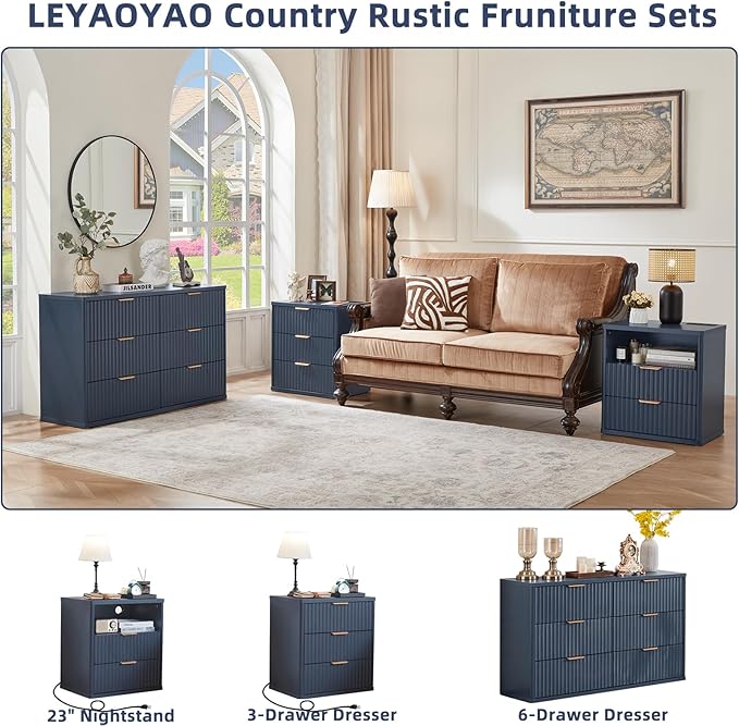 LEYAOYAO Fluted 6 Drawers Dresser Set of 2, 48" Wide Modern Chest of Drawers with Woodgrain Top, Curved Profile Design, Dresser TV Stand, Wood Drawer Organizer for Bedroom, Living Room, Hallway,Blue