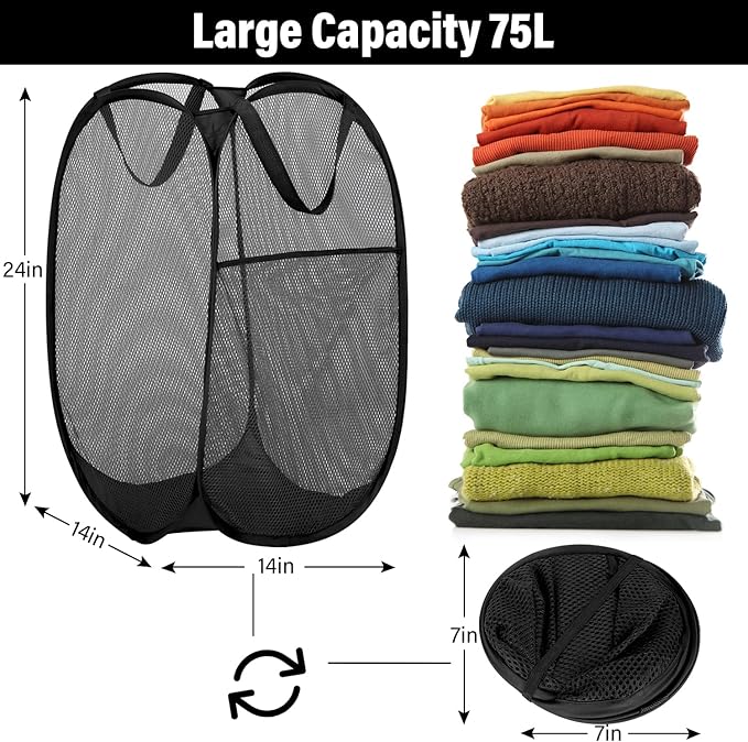 BATTOO Deluxe Strong Mesh Pop up Laundry Hamper Basket with Side Pocket for Laundry Room, Bathroom, Kids Room, College Dorm or Travel 3 Pack Black