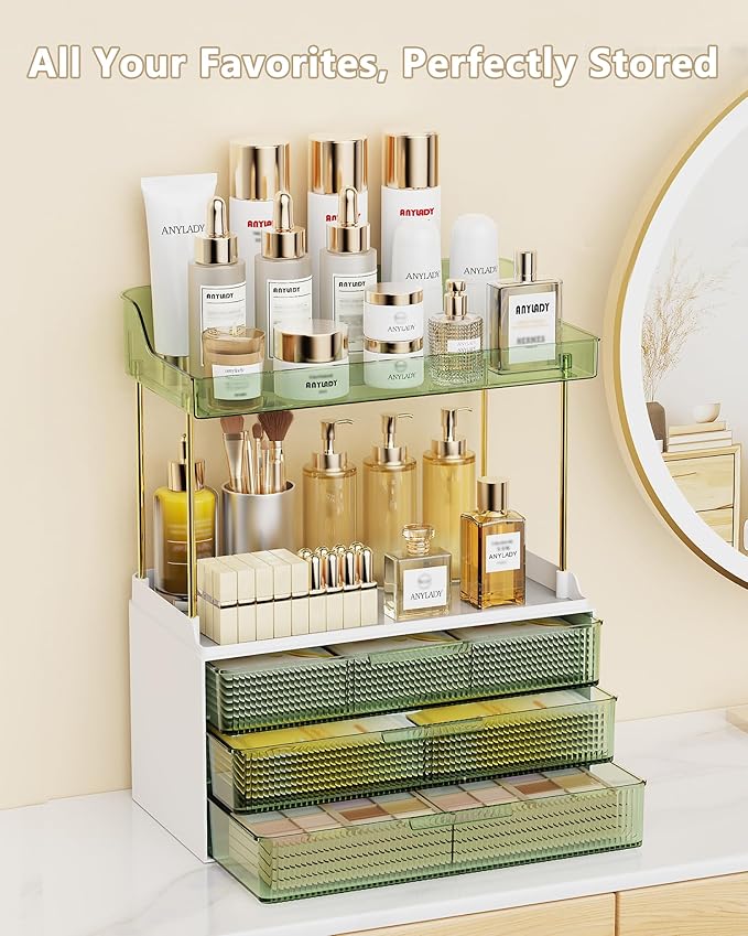 Bathroom Organizers and Storage, Makeup Organizer (Sturdy Durable Attractive), Ideal for Vanity, Countertop, Counter, Perfume, Skincare, Cabinet, Cosmetic, Dresser Organizer (Green)