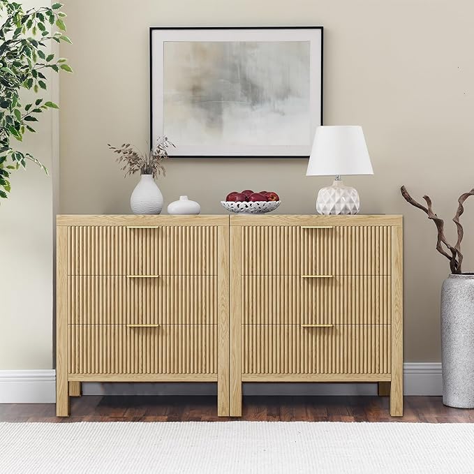 6 Drawer Dresser, Modern Wood Storage Chest of Drawers Organizer with Waveform Panel, Fluted Dresser with Wide Drawers and Golden Handles for Bedroom, Hallway, Entryway, Nature