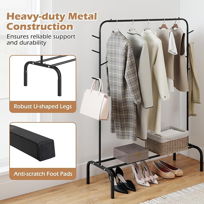 Giantex Clothes Rack for Hanging, 50" Wide Freestanding Garment Rack with Hanging Rod, 8 Hooks & Storage Shelf, Heavy-duty Metal Clothing Racks Wardrobe Organizer for Bedroom, Entryway, Laundry