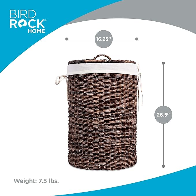 BIRDROCK HOME Seagrass Laundry Hamper with Lid & Liner - Handwoven Round Basket with Handles for Laundry/Dirty Clothes - Organizer, Storage, Shelves, Bin in Bathroom, Bedroom & Laundry Room - Espresso