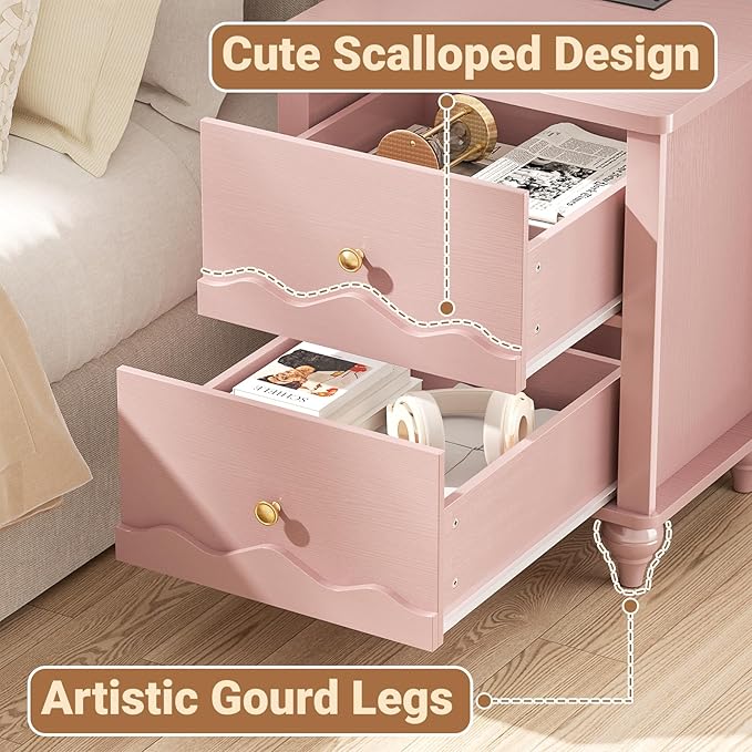 Cyclysio Nightstand with Charging Station, Side End Table with 2 Drawers, Modern Wood Night Stand with Scalloped Pattern for Bedroom, Bedside Night Tables with Solid Wood Gourd Legs