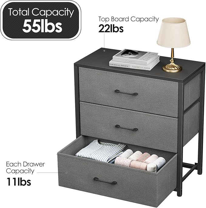 Nightstand with 3 Drawers for Bedroom, Storage Dresser with Fabric Drawers and Metal Frame for Closet, Living Room, Bedside Table with Wood Top, Easy Pull Handle, Gray