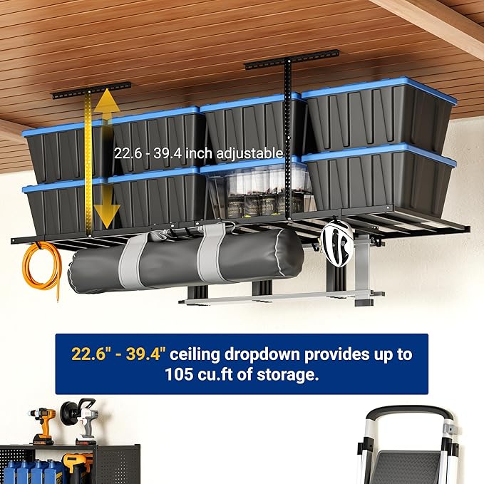 FLEXIMOUNTS 4x8 Overhead Garage Storage Rack with 6 Hooks, Adjustable Storage Organization System, Heavy-Duty Metal Ceiling Racks, 22.6" -39.4" Ceiling Dropdown, 2 Pack, Black, Lite Series