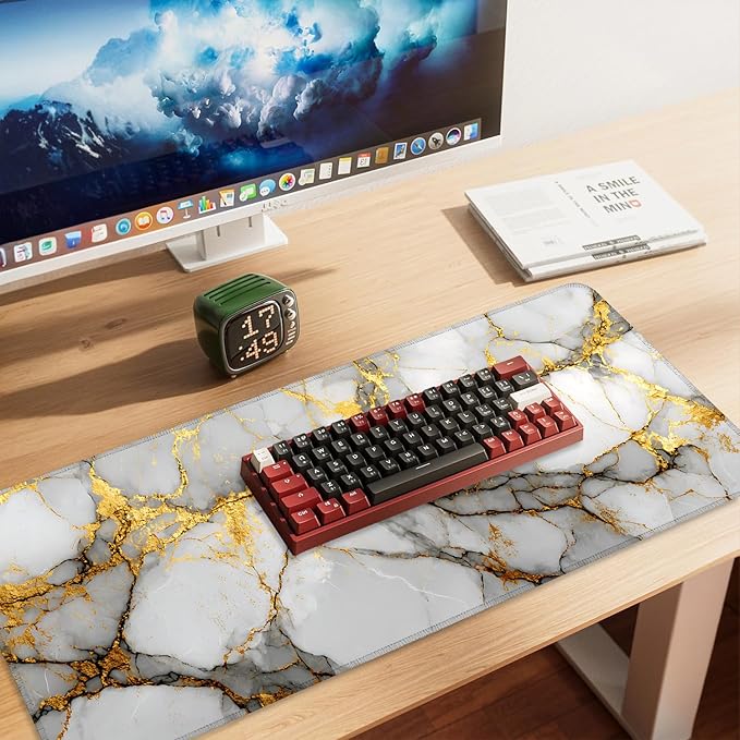 White Marble Mouse Pad – Large Extended Desk Mat 35.43 x 15.75 in – Elegant Gold Vein Design, Non-Slip Rubber Base, Waterproof Surface, Keyboard & Mouse Pad for Office, Gaming, Home Decor