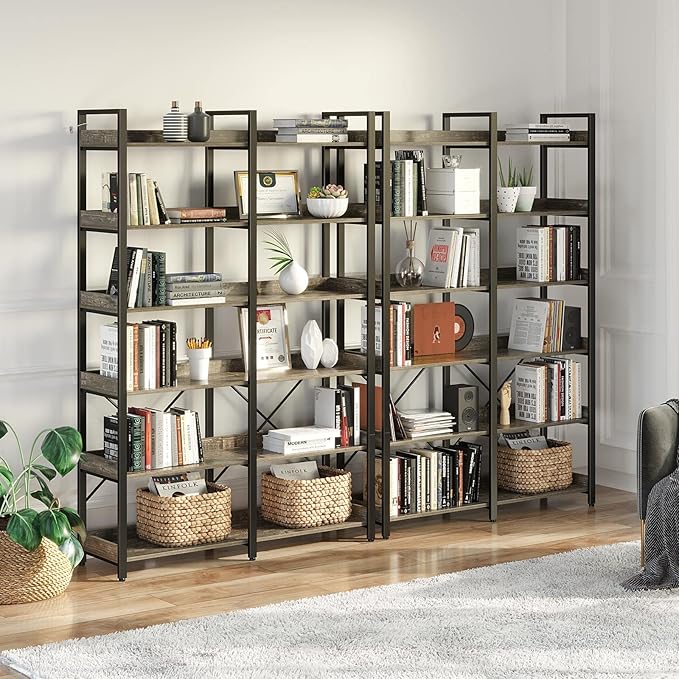 Seventable Bookshelf 6 Tier with 4 Hooks, 67” Industrial Wooden Bookcase, Vintage Storage Rack with Open Shelves, Rustic Standing Bookshelves Metal Frame 43.3” Wide Display Rack, Rustic Brown
