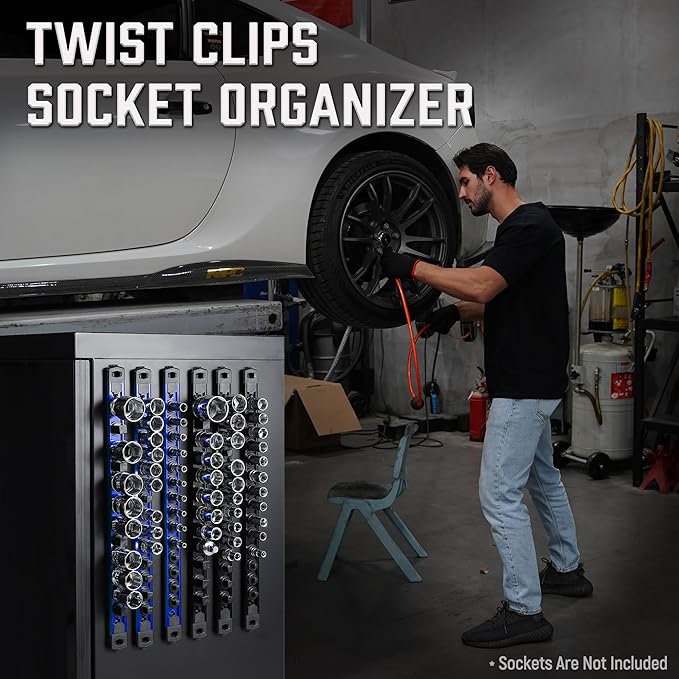 ALOANES 1/4-Inch Drive Magnetic Socket Organizer, Heavy Duty Aluminum Socket Rail Organizer, 360° Swivel Clips Socket Holder Kit for Tool Box, 1/4-Inch Socket Holder x 14 Clips (Blue)