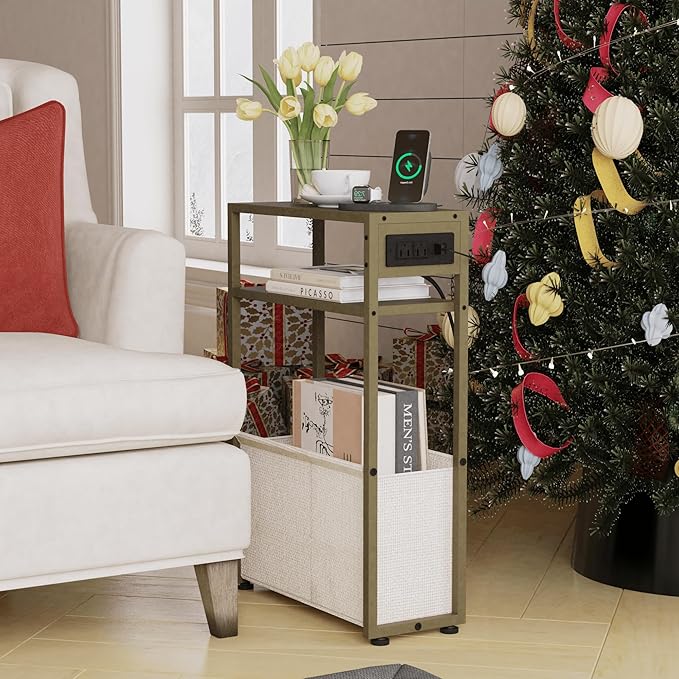Green Side Table with Charging Station, Slim End Tables with Linen Basket, Skinny Table for Small Spaces, Thin Bedside Table for Living Room, Bedroom