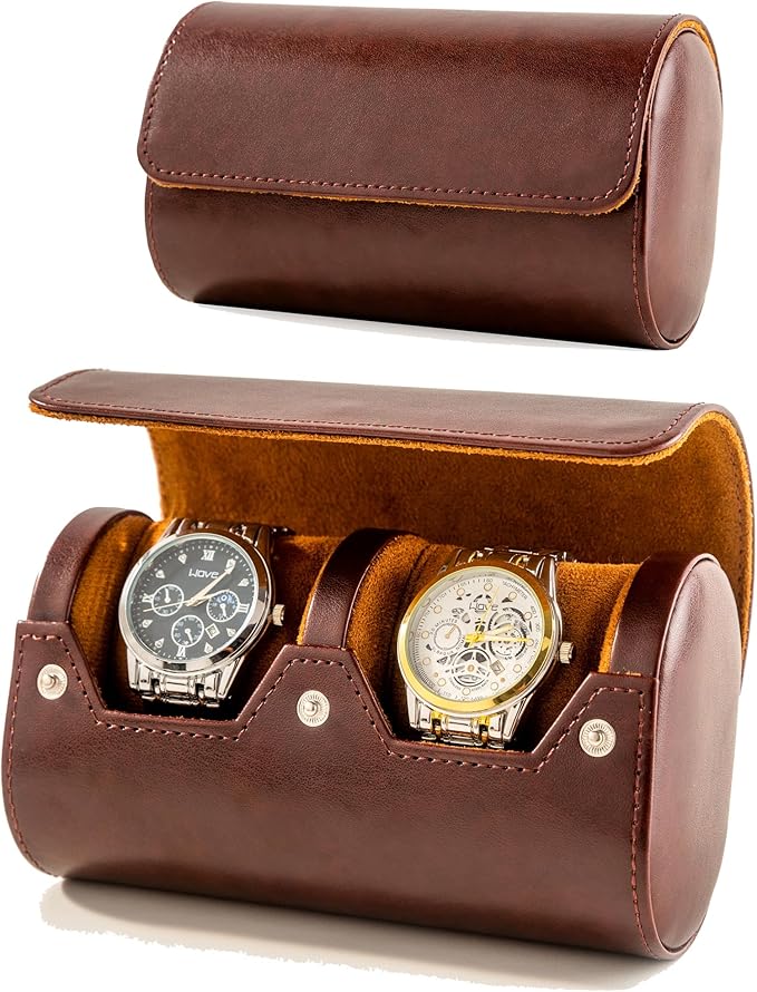 MR.OKAY 2 Watch Travel Case- Classic Leather Watch Case With Perfect Texture.Portable Watch Roll Or Organizer For Storage And Display. Luxury Gifts For Men, All Handmade by Artisans.
