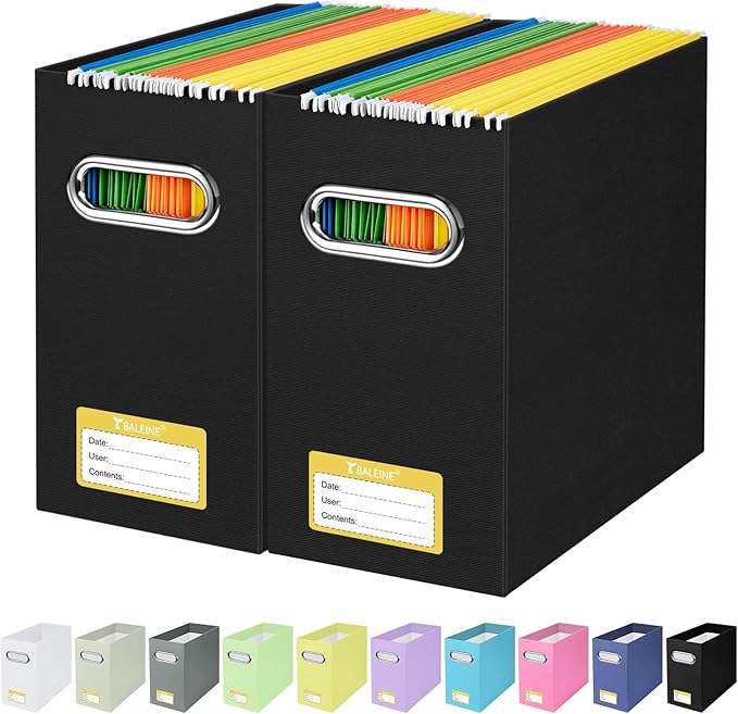 BALEINE File Organizer Box, Cardboard File Folder Organizer with Handle for Letter Size, Portable Collapsible Hanging Filing Box for Home Office Document Storage (2 Pack, Black)
