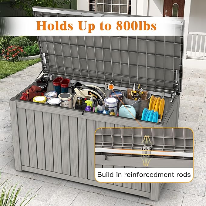 Outdoor Storage Box - Lockable Waterproof UV-Resistant Resin Deck Box for Patio Cushions, Pool Accessories (Grey, 200 Gallon)