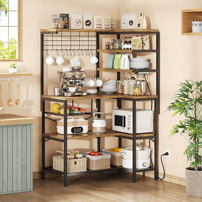 L-Shaped Bakers Rack with Power Outlet, 6-Tier Microwave Stand with Open Storage, Coffee Bar with Hooks, Mesh Grid, Kitchen Shelf with Wire Basket, Rustic Brown and Black