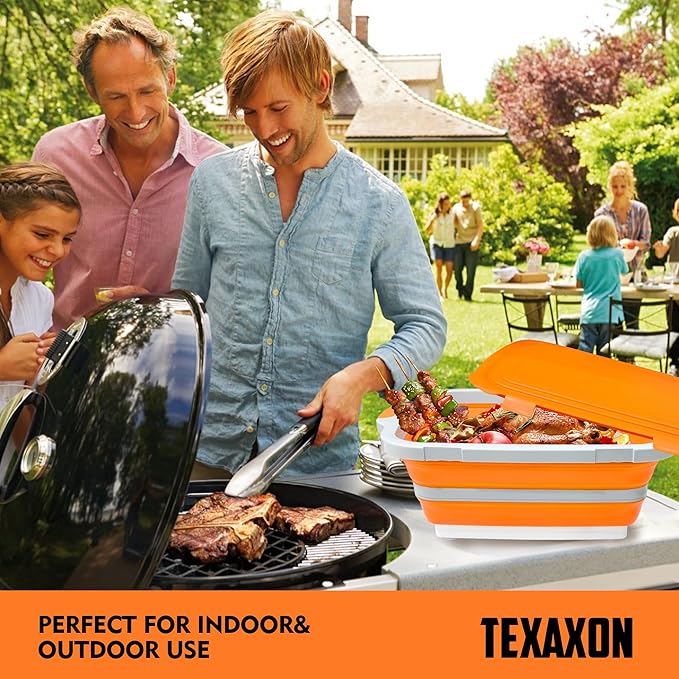 8L/16L BBQ Prep Tub with Cutting Board, Lid & Complimentary Mitts/Gloves – Collapsible Bucket for BBQ, Marinade, Picnic, Camping, Meat Prep – Orange/Black (Orange, X-Large Lid Lock)