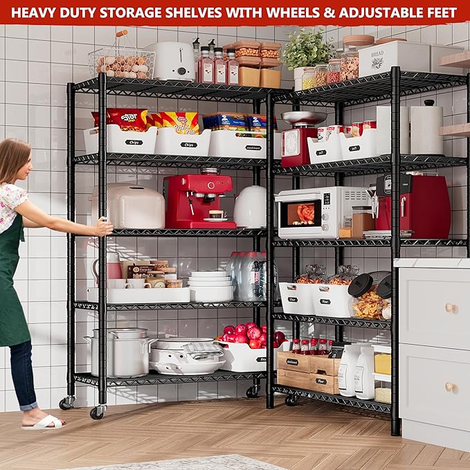 REIBII Storage Shelves Load 1980LBS,5 Tier Metal Shelving Unit with Wheels,Adjustable Garage Shelving Wire Shelves Commercial Shelf for Garage Pantry Kitchen,76''HX36''WX16''D Black