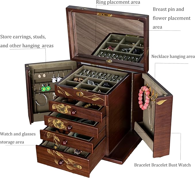 Wooden jewelry case Jewelry Box for Women Large Wood Organizer with Drawers and Mirror for Rings,Earrings, Necklaces,watches,jewelry boxes & organizers, Jewelry Boxes