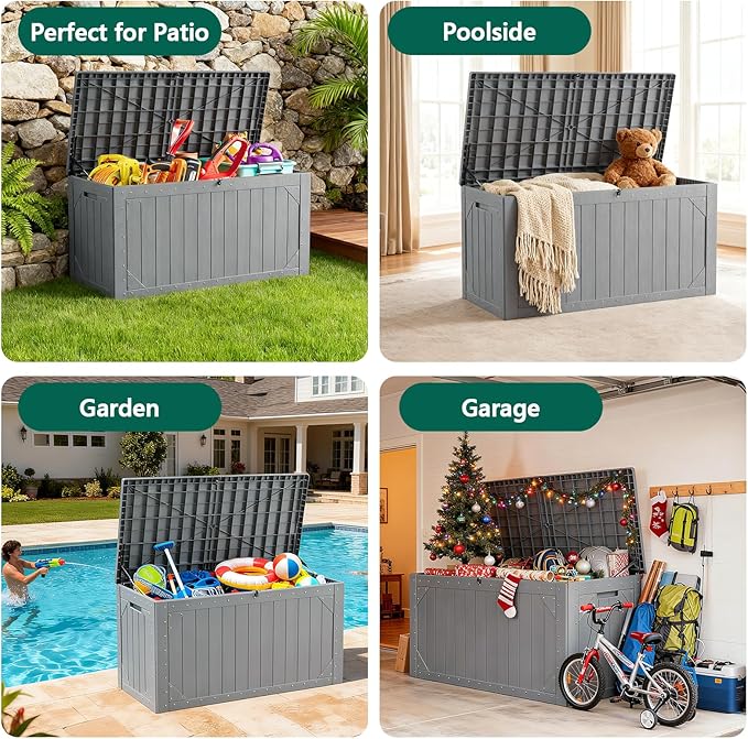 Outdoor Storage Box, 100 Gallon Deck Box Outdoor Storage Bench Outside Waterproof Resin Storage Bench, Lockable Patio Cushions, Garden Tools Storage For Furniture, UV Resistant(Gray)