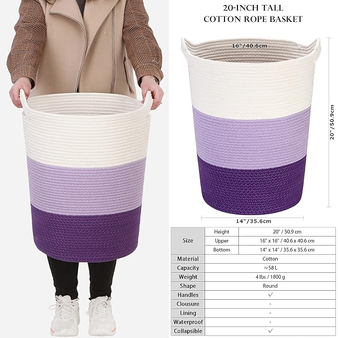 Sea Team Large Size Cotton Rope Woven Storage Basket with Handles, Laundry Hamper, Fabric Bucket, Drum, Clothes Toys Organizer for Kid's Room, 20 x 14 inches, Round Open Design, White & Purple