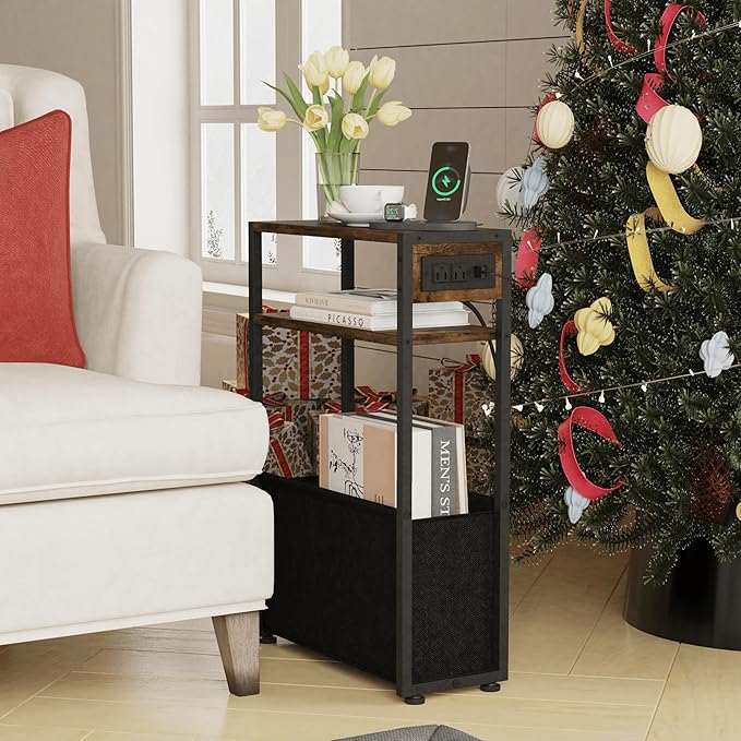 Narrow Side Table, Slim End Tables with Fabric Basket, Skinny Table for Small Spaces, Thin Bedside Table for Living Room, Bedroom (1, Rustic Brown - Outlet)