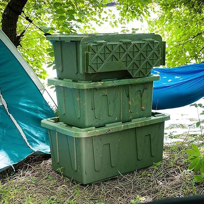 HOMZ 4-Pack Durabilt Tote, Heavy Duty Plastic Storage Bins with Lids, 27 Gallon, Green Camo - Stackable Organizing Containers for Home, Garage, and Office